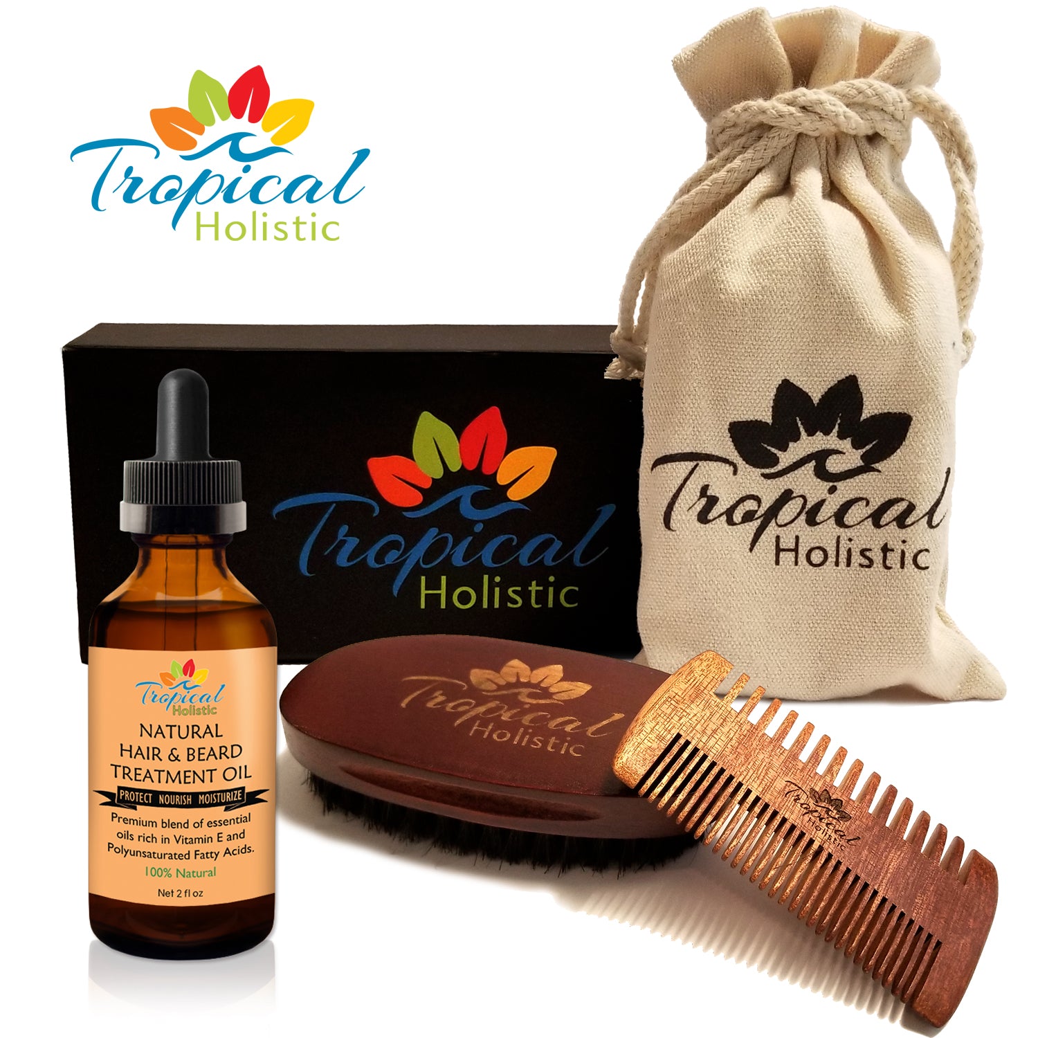 Premium Men's Beard Kit with Quality Brush, Comb, 100% Natural Organic Beard Oil 2oz, and Deluxe Cotton Bag in Gift Box. - Tropical-Holistic