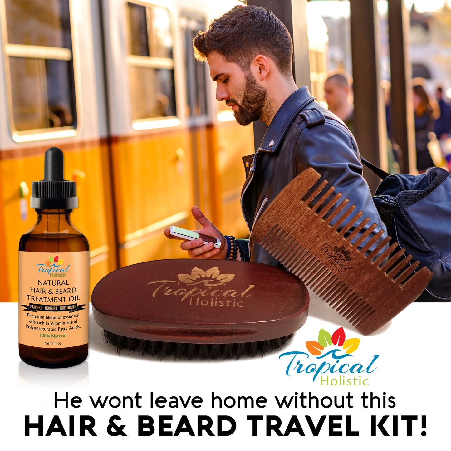 Premium Men's Beard Kit with Quality Brush, Comb, 100% Natural Organic Beard Oil 2oz, and Deluxe Cotton Bag in Gift Box. - Tropical-Holistic