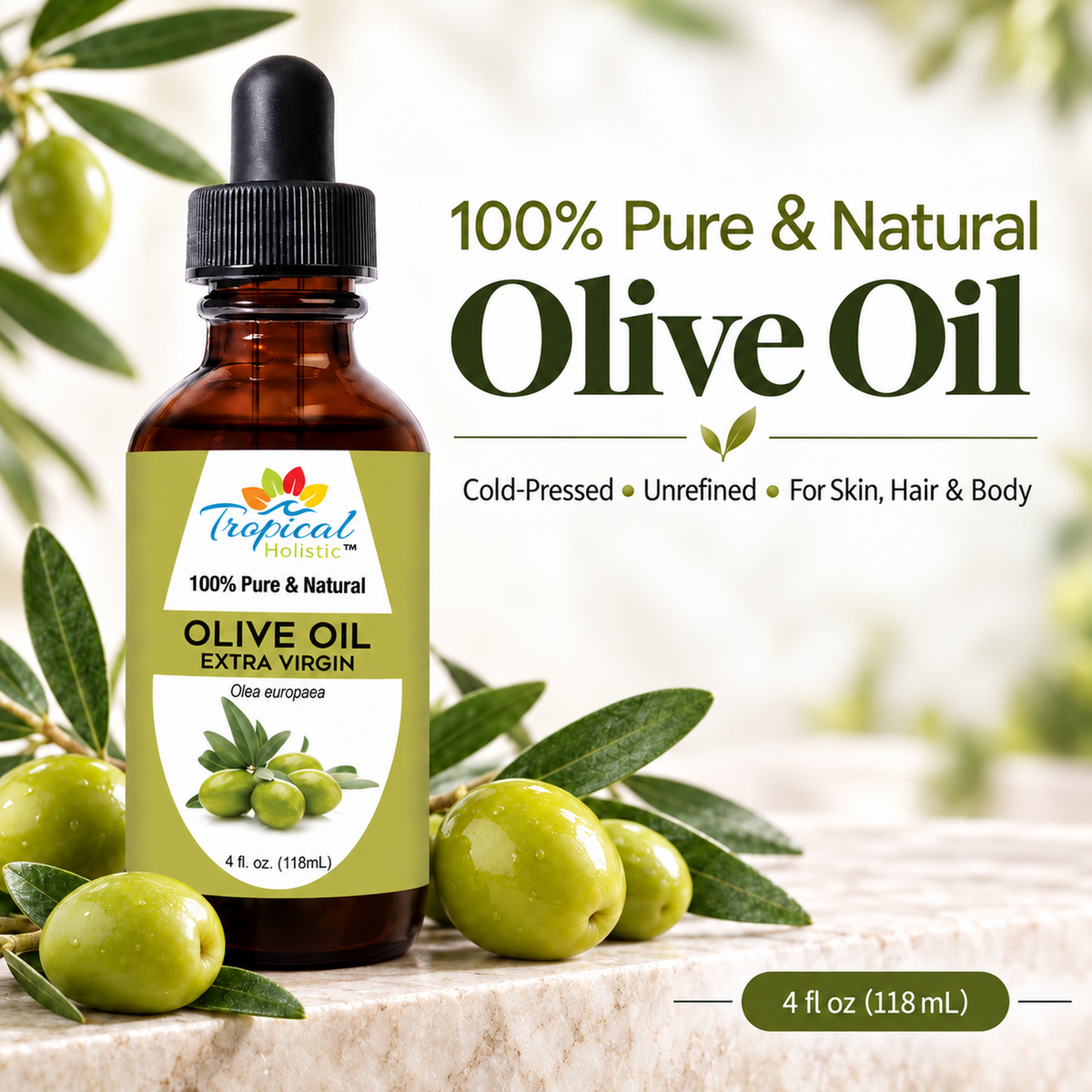 Extra Virgin Olive Oil for Skin and Hair – Cold Pressed, 4 oz
