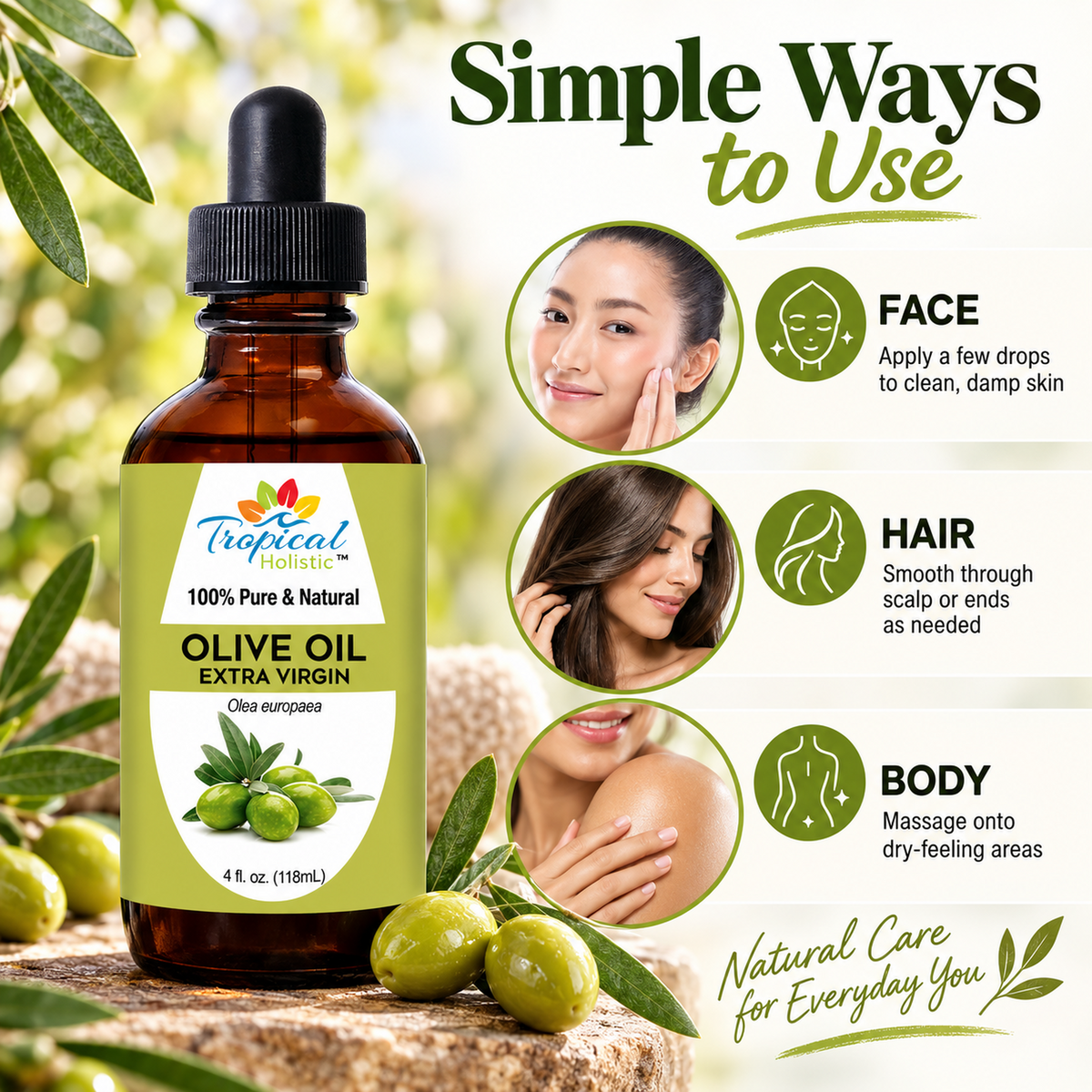 Extra Virgin Olive Oil for Skin and Hair – Cold Pressed, 4 oz