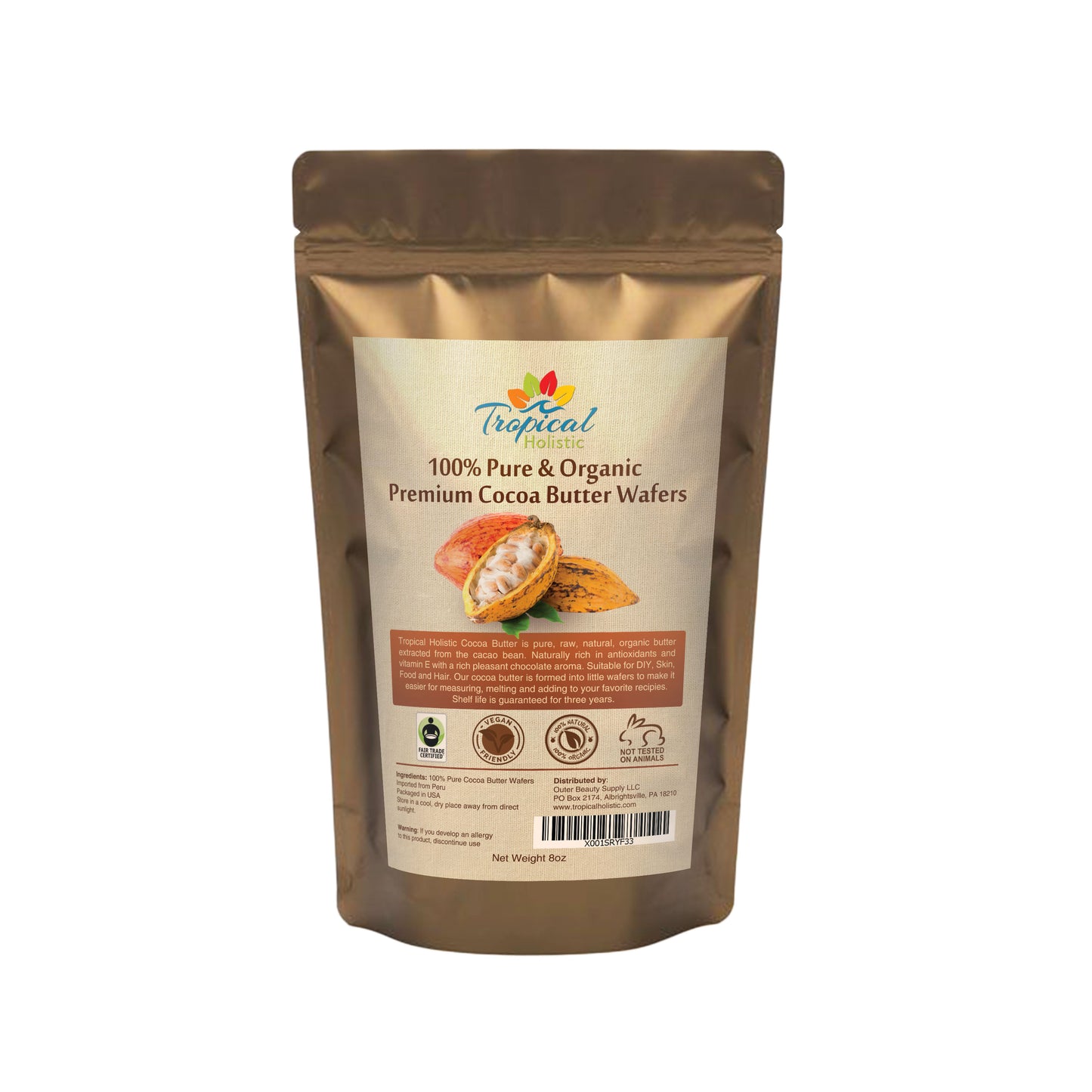 Raw Cocoa Butter Wafers (8 ounce) - 100% Natural Unrefined, Non-Deodorized, Organic Fair Trade- Tropical-Holistic