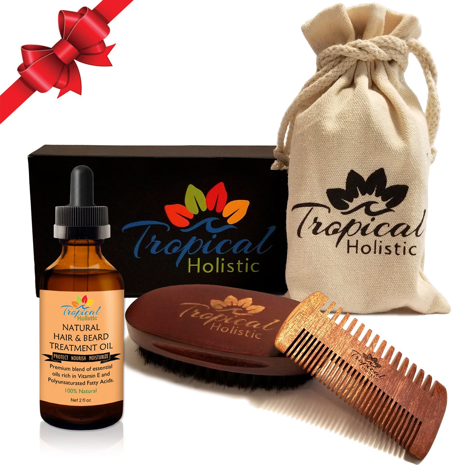 Premium Men's Beard Kit with Quality Brush, Comb, 100% Natural Organic Beard Oil 2oz, and Deluxe Cotton Bag in Gift Box. - Tropical-Holistic