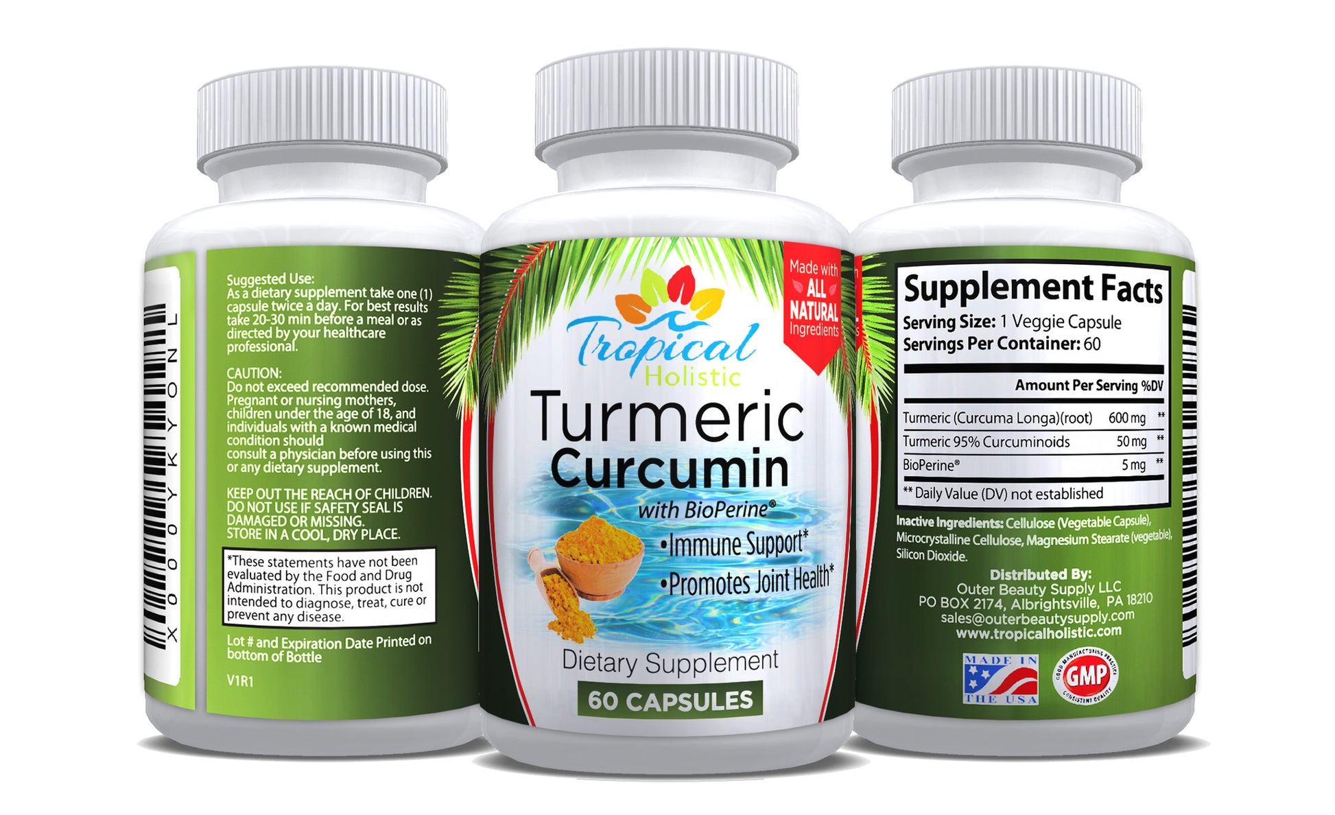 100% Pure Turmeric Curcumin Supplement With BioPerine - 60 Count - Tropical-Holistic